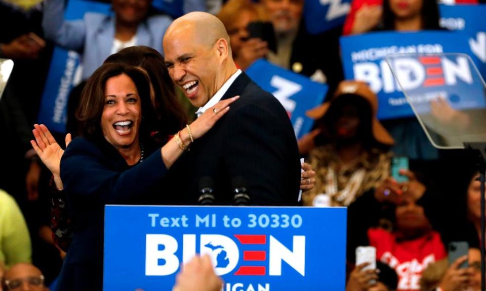 Kamala Harris and Cory Booker during a rally for Joe Biden in Detroit, Michigan, on 9 March.