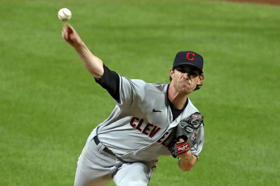 Cleveland Indians starting pitcher Shane Bieber delivers during the sixth inning of a baseball game against the Pittsburgh Pirates in Pittsburgh, Thursday, Aug. 20, 2020. The Indians won 2-0. (AP Photo/Gene J. Puskar)