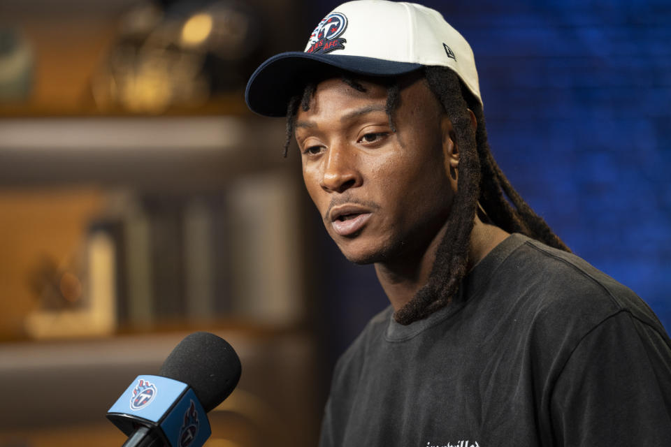 Tennessee Titans wide receiver DeAndre Hopkins responds to questions from reporters at the NFL football team's training facility Tuesday, July 25, 2023, in Nashville, Tenn. (AP Photo/George Walker IV)