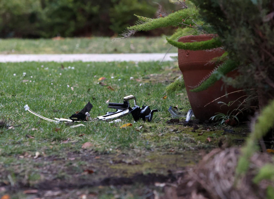 Scene of the accident that Pete Davidson and girlfriend Sui Wonders were reportedly in Saturday night together. There are deep tire tracks into the lawn of resident and tire tracks of skid marks, along with car parts scattered all over the yard and the home which was struck. 05 Mar 2023 Pictured: Scene of the accident that Pete Davidson and girlfriend Sui Wondersi were reportedly in Saturday night together. Photo credit: APEX / MEGA TheMegaAgency.com +1 888 505 6342 (Mega Agency TagID: MEGA951804_011.jpg) [Photo via Mega Agency]