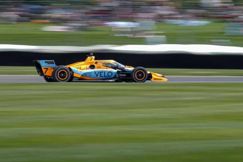 Felix Rosenqvist, of Sweden, drives in an IndyCar auto race at the Indianapolis Motor Speedway in Indianapolis, Saturday, July 30, 2022. (AP Photo/AJ Mast)