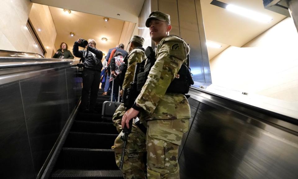 A National Guardsman patrols the subway at Grand Central Station on Wednesday, March 6. AFP via Getty Images