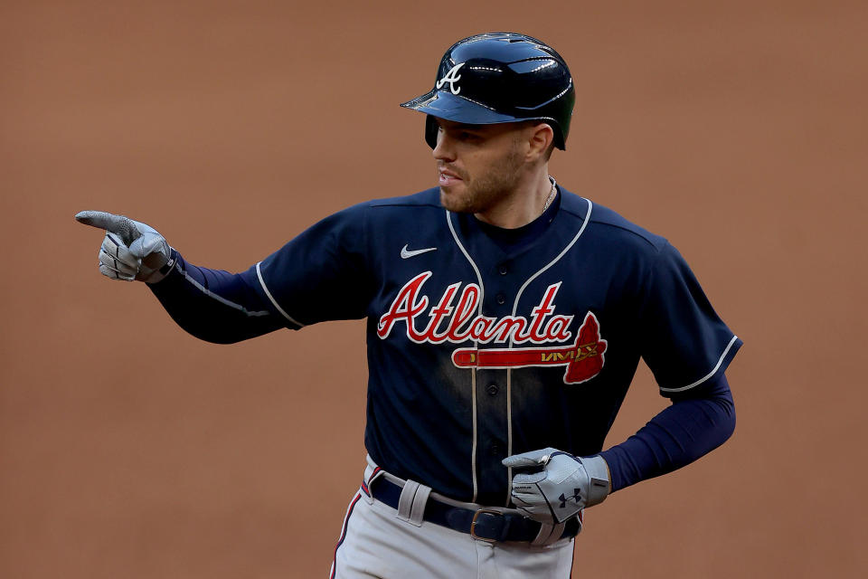 Freddie Freeman led the Braves to another win and a 2-0 lead over the Dodgers in the National League Championship Series. (Photo by Ronald Martinez/Getty Images)