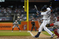 Detroit Tigers' Riley Greene connects for a RBI single during the sixth inning of the second baseball game of a doubleheader against the Cleveland Guardians, Monday, July 4, 2022, in Detroit. (AP Photo/Carlos Osorio)