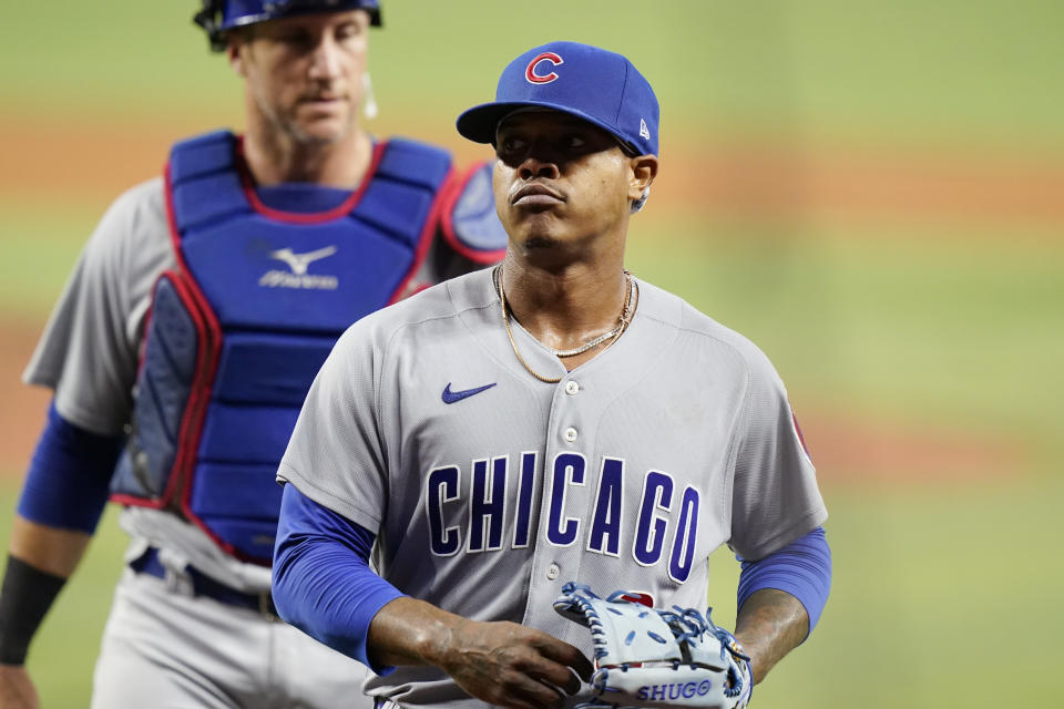 Chicago Cubs starting pitcher Marcus Stroman walks to the dugout after giving up three runs to the Miami Marlins during the fifth inning of a baseball game Wednesday, Sept. 21, 2022, in Miami. (AP Photo/Lynne Sladky)