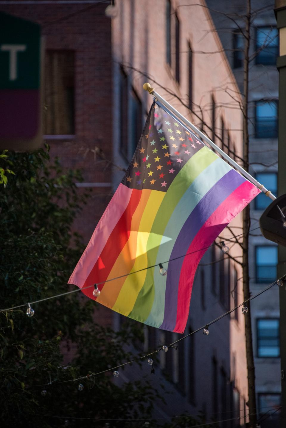 LGBTQIA American rainbow flag in Philadelphia's Gayborhood between Locust and Thirteen streets.