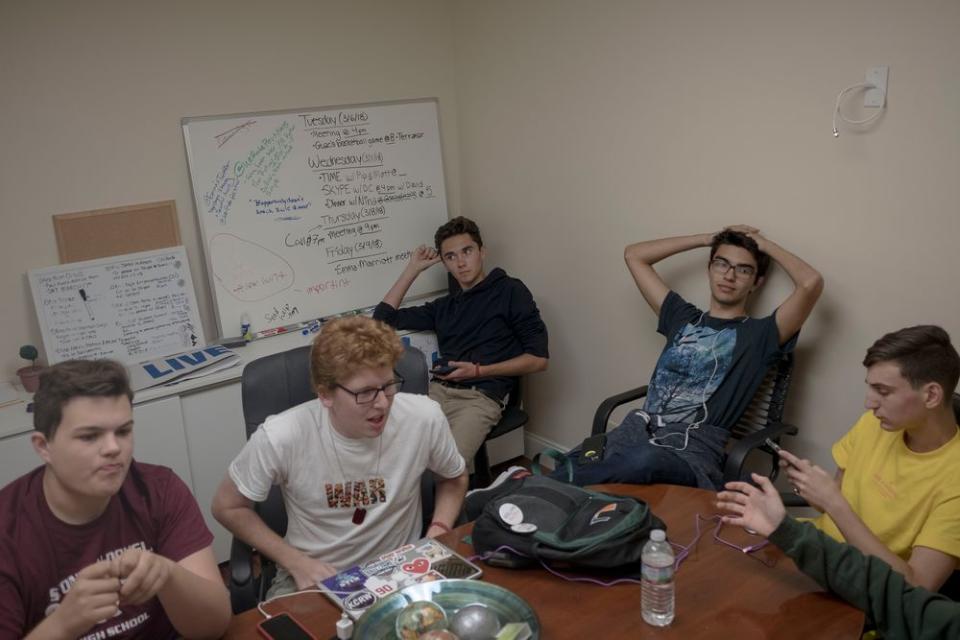 John Barnitt, Matt Deitsch, David Hogg, Diego Pfeiffer and Adam Alhanti meet at the #NeverAgain office in Coral Springs, Fla.