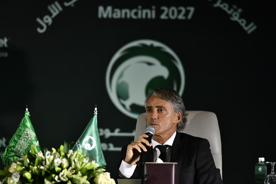 Roberto Mancini speaks during a press conference in Riyadh, Saudi Arabia, Monday, Aug. 28, 2023. Mancini was appointed coach of the Saudi Arabia national team on Sunday, just two weeks after the European Championship-winning manager surprisingly left his job in charge of Italy. (AP Photo)