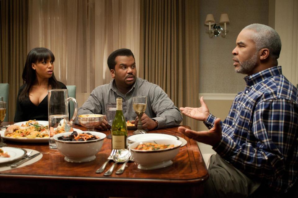 This undated publicity photo released by Lionsgate shows, from left, Kerry Washington, as Grace Peeples, Craig Robinson as Wade Walker and David Alan Grier as Virgil Peeples in a scene from the film,"Peeples." (AP Photo/Lionsgate, Nicole Rivelli)