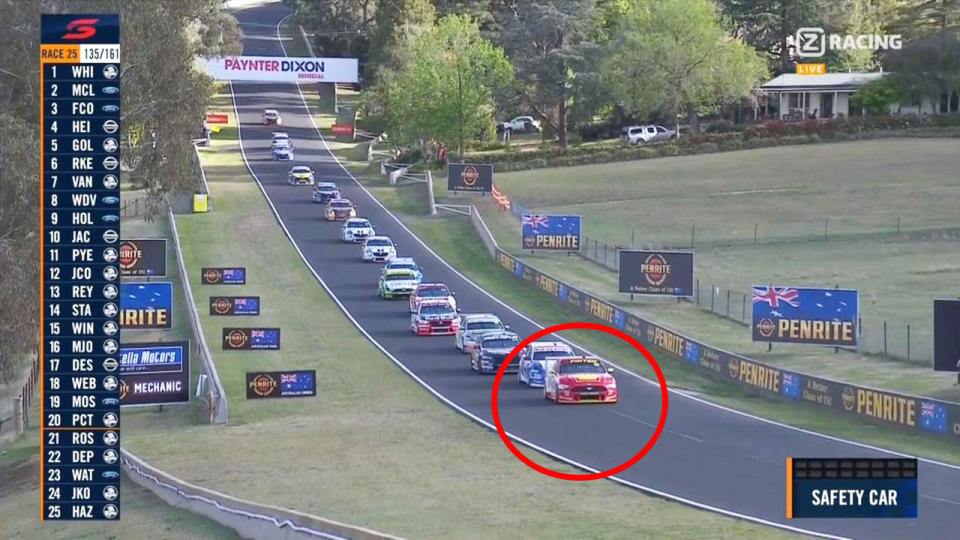 Fabian Coulthard, pictured here slowing down the field in the Bathurst 1000.