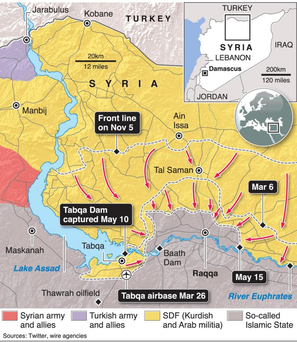 The state of play in late May, as the SDF closed in on Raqqa from the north, east and west. Baath Dam has since been captured and the SDF says it is within 1km of the city to the east (GraphicNews)