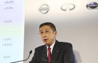 Nissan Motor Co. Chief Executive Hiroto Saikawa speaks during a press conference at its Global Headquarters in Yokohama, near Tokyo Tuesday, May 14, 2019. Japanese automaker Nissan, reeling from the arrest of its former Chairman Carlos Ghosn, reported Tuesday that annual profit nose-dived to less than half of what it earned the previous year, and forecast even dimmer results going forward.(AP Photo/Koji Sasahara)