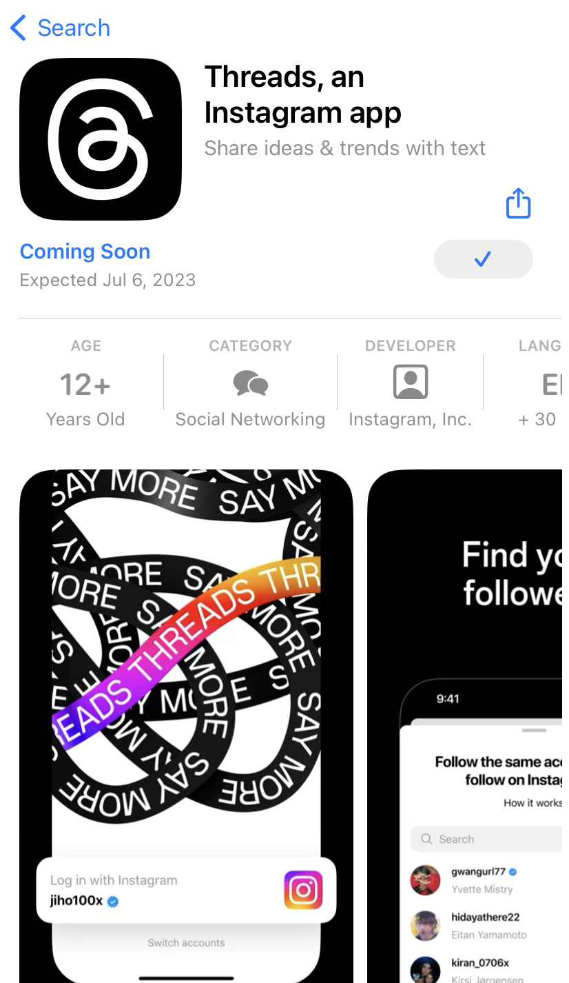 A screenshot of Threads from the app store, taken July 4, 2023.