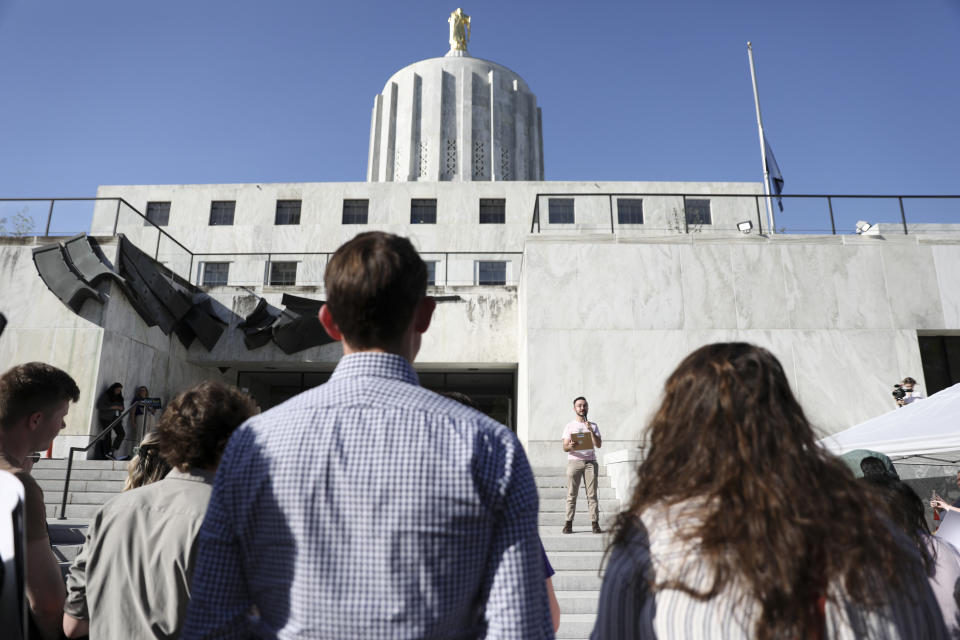 Jude al-Ghazal Stone, with the ACLU of Oregon, speaks during a rally calling for an end to the Senate Republican walkout at the Oregon State Capitol in Salem, Ore., Thursday, May 11, 2023. (AP Photo/Amanda Loman)