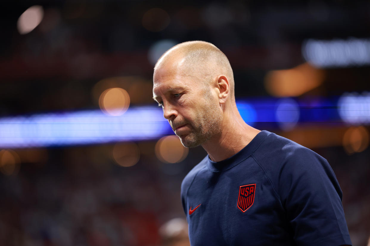 ATLANTA, GEORGIA - JUNE 27: Gregg Berhalter, Head Coach of United States looks dejected after the CONMEBOL Copa America USA 2024 Group C match between Panama and United States at Mercedes-Benz Stadium on June 27, 2024 in Atlanta, Georgia. (Photo by Hector Vivas/Getty Images)