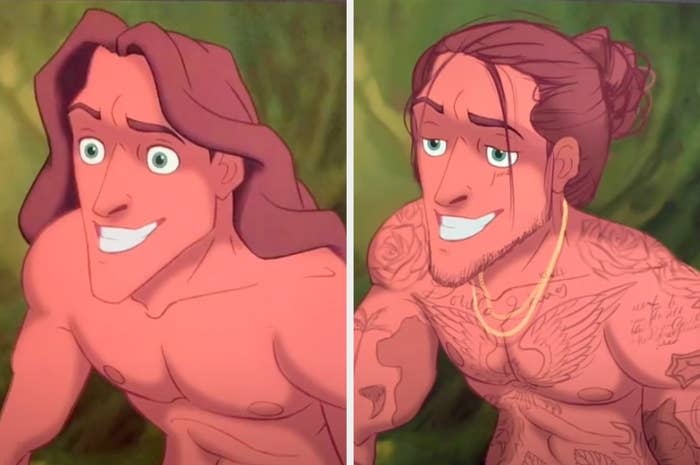 The classic Tarzan side by side with Lexis' Tarzan, who has tattoos all over his body, a gold chain, and a man bun