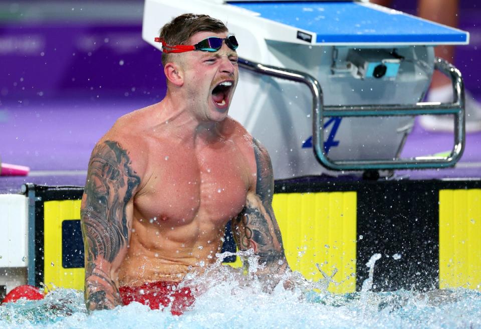 Adam Peaty celebrates after winning gold in the Men’s 50m Breaststroke at the Commonwealth Games in Birmingham (Getty)