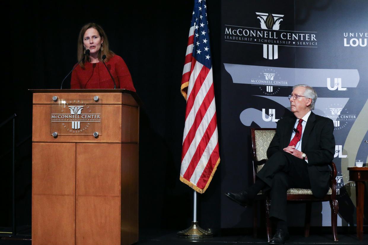 U.S. Supreme Court Associate Justice Amy Coney Barrett made remarks during a lecture at the McConnell Center held at the Seelbach Hotel in Louisville, Ky. on Sep. 12, 2021.  U.S. Sen. Mitch McConnell looked on at right.