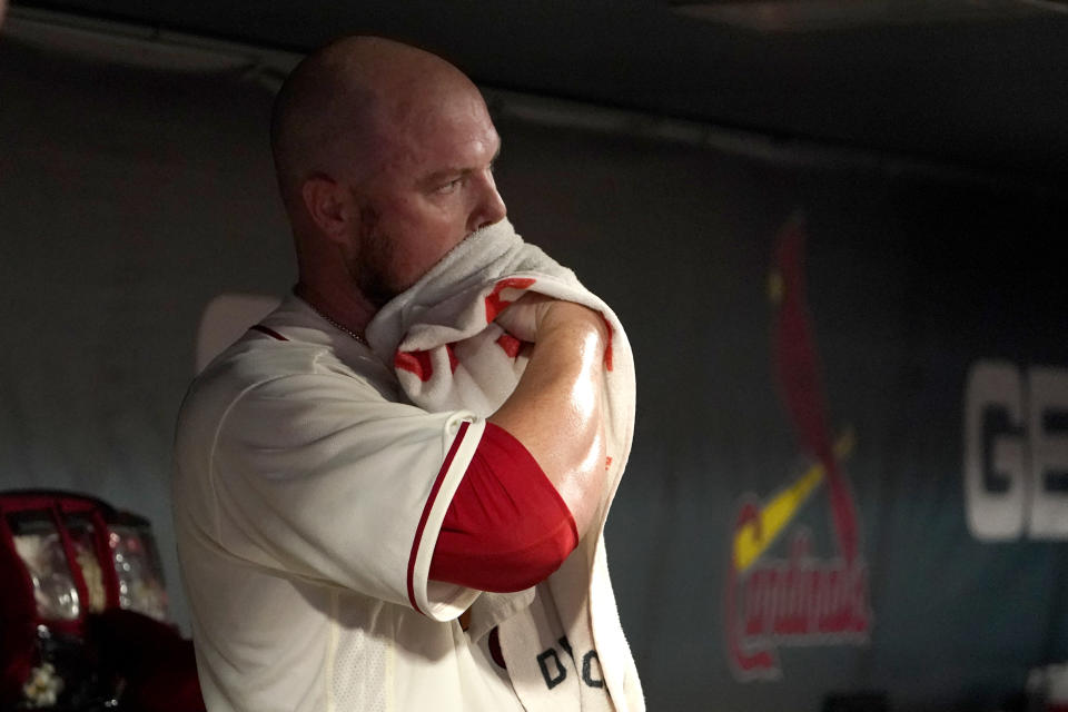 St. Louis Cardinals starting pitcher Jon Lester stands in the dugout after working during the fifth inning of a baseball game against the St. Louis Cardinals Saturday, Oct. 2, 2021, in St. Louis. (AP Photo/Jeff Roberson)