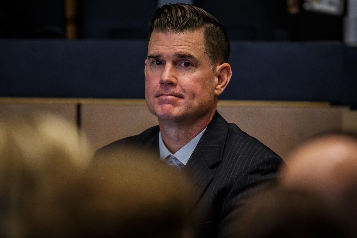 Timothy Ferriter, Jupiter, listens to jury selection in his aggravated child abuse trial at the Palm Beach County Courthouse in downtown West Palm Beach, Fla., on September 29, 2023.