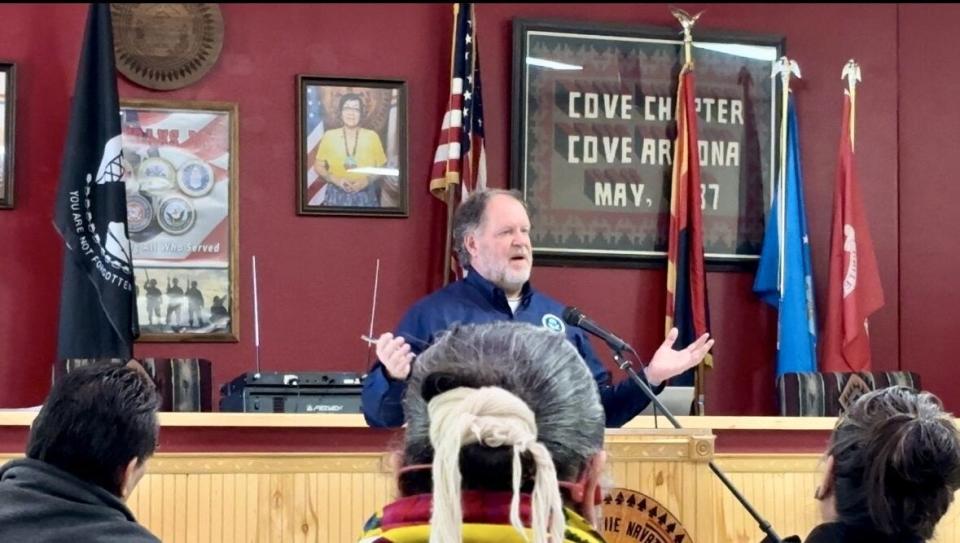 Kenyon Larsen, project manager for the Lukachukai Mountain Mining District National Priority List work, discusses the EPA's plans with Cove community members, March 15, 2024.