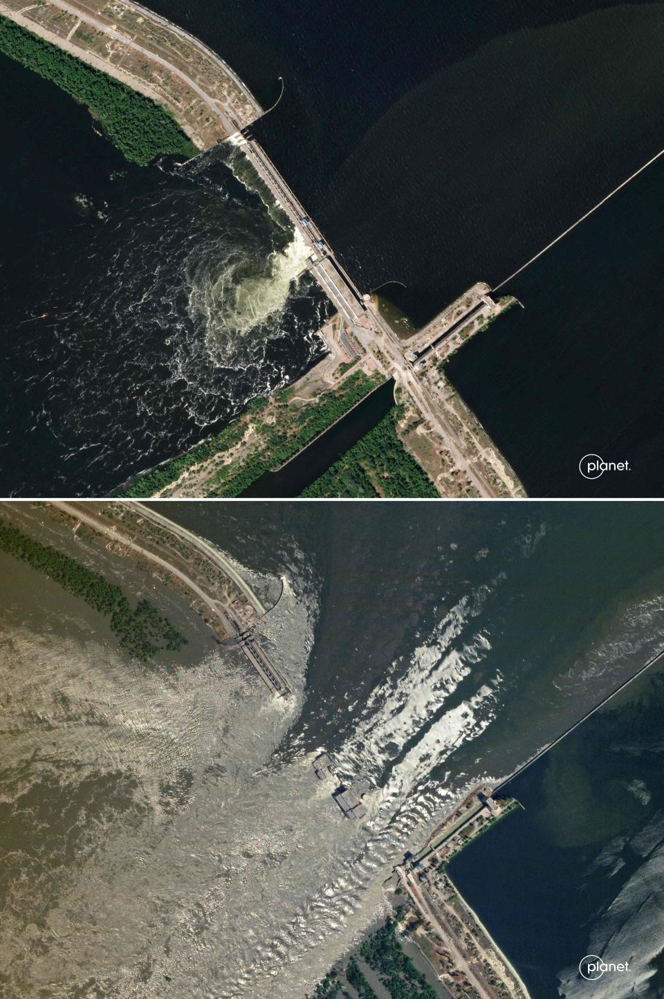 (COMBO) This combination of SkySat handout images by Planet Labs shows (top) a SkySat image taken on June 4, 2023 released on June 6, 2023 showing the undamaged Kakhovka HPP dam and (bottom) an image taken on June 6, 2023 showing water flowing through the damaged Kakhovka HPP dam. The partial destruction on June 6, 2023 of the major Russian-held dam in southern Ukraine unleashed a torrent of water that flooded two dozen villages forcing mass evacuation, sparking fears of a humanitarian disaster near the war's front line. Moscow and Kyiv traded blame for ripping a gaping hole in the Kakhovka dam as expectations built over the start of Ukraine's long-awaited offensive. (Photo by Handout / 2023 Planet Labs PBC / AFP) / RESTRICTED TO EDITORIAL USE - MANDATORY CREDIT "AFP PHOTO / HANDOUT / Planet Labs PBC " - NO MARKETING - NO ADVERTISING CAMPAIGNS - DISTRIBUTED AS A SERVICE TO CLIENTS (Photo by HANDOUT/2023 Planet Labs PBC/AFP via Getty Images) ORIG FILE ID: AFP_33HB3NY.jpg