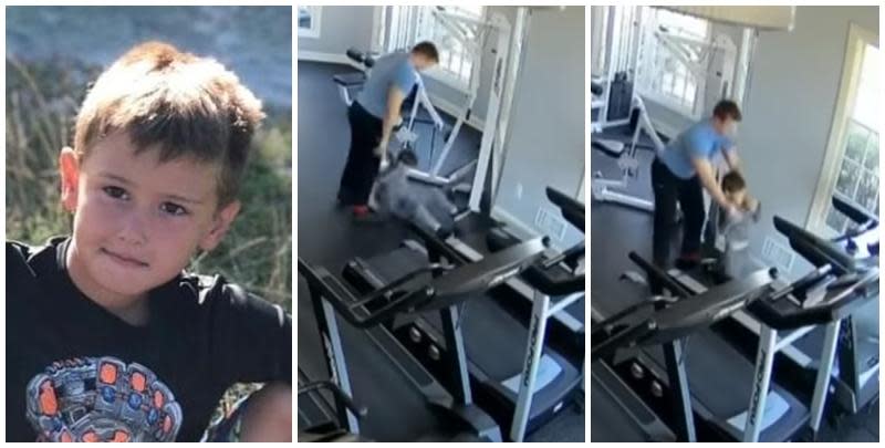 美國新澤西州一名31歲父親因為嫌棄自己的6歲兒子太肥，強迫對方長時間在跑步機上進行高強度運動，即使多次疲累摔倒仍不准停下(影片截圖)