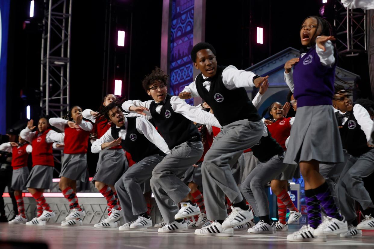 The Detroit Youth Choir performs for at the NFL draft theater before the start of the second round of 2024 NFL draft in Detroit on Friday, April 26, 2024.