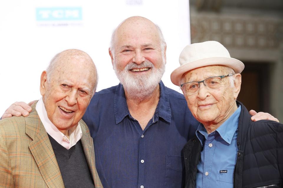 Carl Reiner, Rob Reiner and Norman Lear attend the hand and footprint ceremony honoring Carl Reiner and Rob Reiner held during the 2017 TCM Classic Film Festival at TCL Chinese Theatre IMAX on April 7, 2017 in Hollywood, California. (Photo by Michael Tran/FilmMagic)