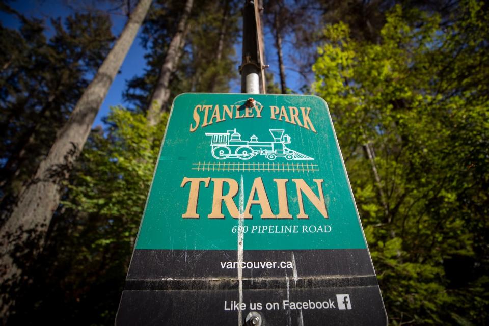 A sign for Stanley Park’s miniature train is pictured in Vancouver, British Columbia on Wednesday, September 21, 2022. The halloween-themed miniature train ride was cancelled by the Park Board due to engine mechanical issues and safety concerns.