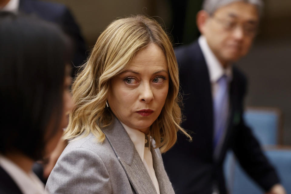 Italian Prime Minister Giorgia Meloni attends a Japan-Italy bilateral meeting at Japan's prime minister office in Tokyo. (Rodrigo Reyes Marin, Pool via AP)