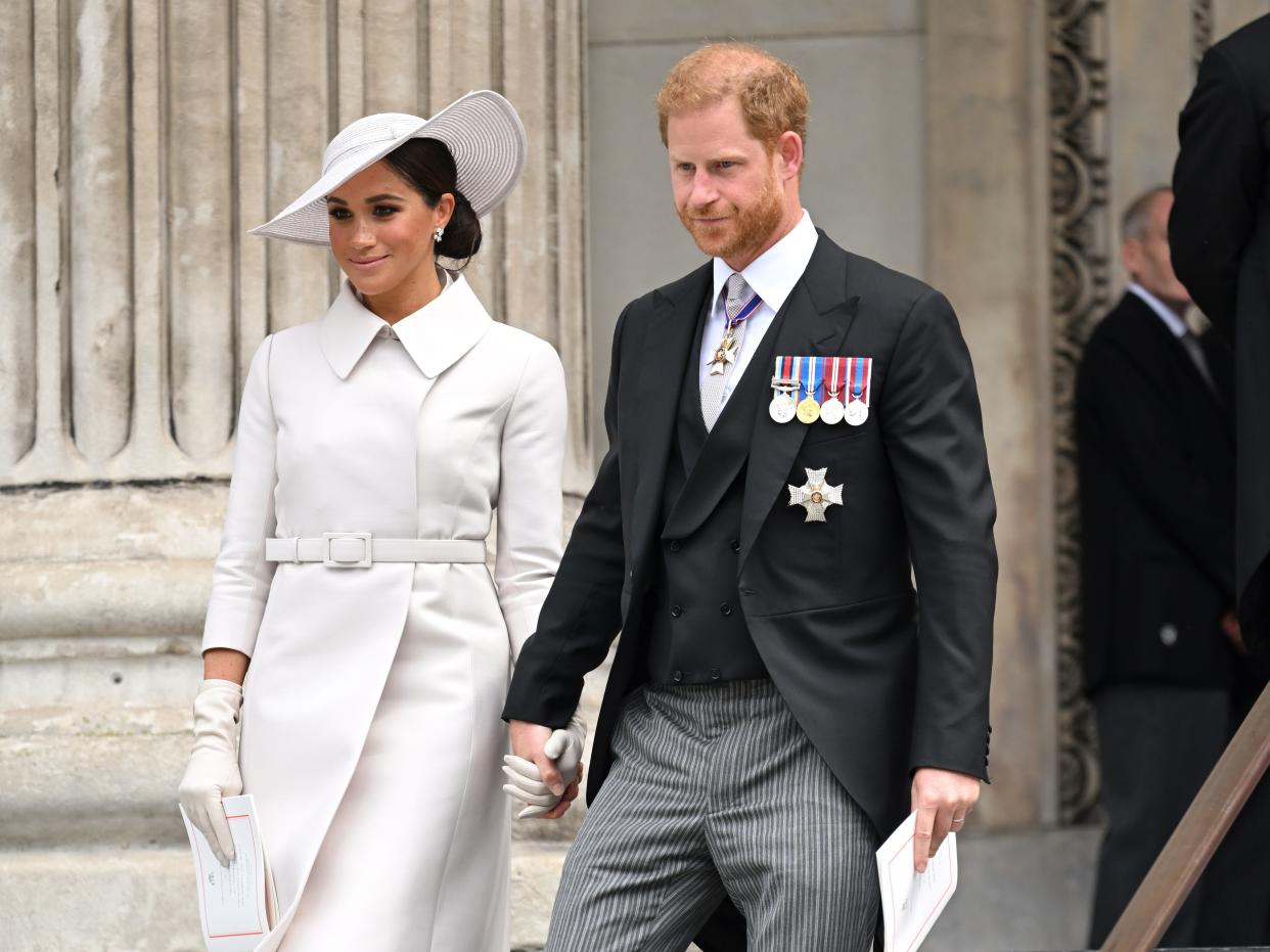 Meghan Markle and Prince Harry attend the National Service of Thanksgiving at St Paul's Cathedral on June 3, 2022 in London, England.