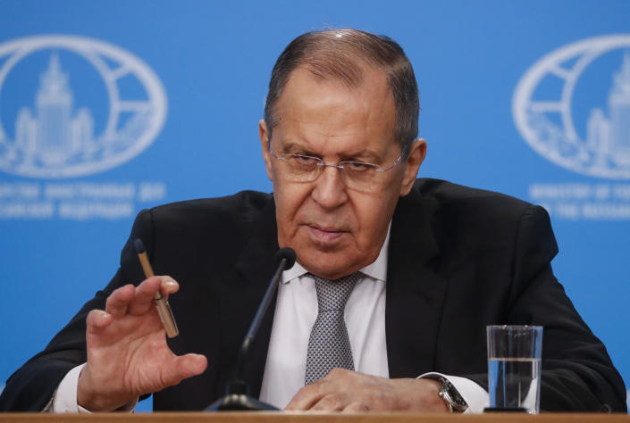 Russian Foreign Minister Sergey Lavrov speaks during his annual news conference in Moscow, Russia, Friday, Jan. 14, 2022. (Maxim Shipenkov/Pool Photo via AP)