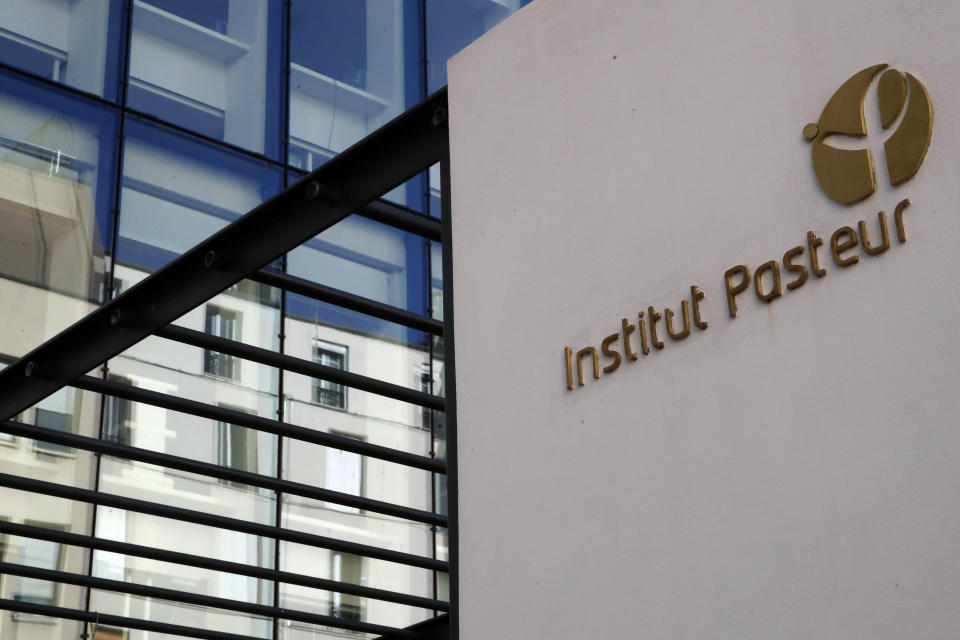 View of the logo at Pasteur Institute in Paris, Thursday, Feb. 6, 2020. Scientists at the Pasteur Institute developed and shared a quick test for the new virus that is spreading worldwide, and are using genetic information about the coronavirus to develop a potential vaccine and treatments. (AP Photo/Francois Mori)