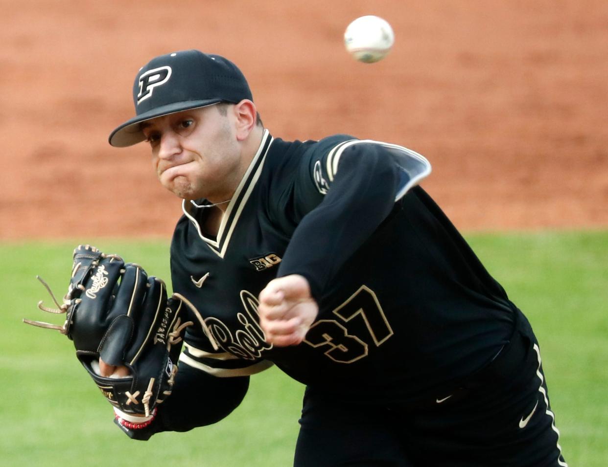 Purdue Boilermakers pitcher Jordan Morales (37) pitches during the NCAA baseball game against the Indiana Hoosiers, Friday, May 3, 2024, at Alexander Field in West Lafayette, Ind. Purdue won 7-4.