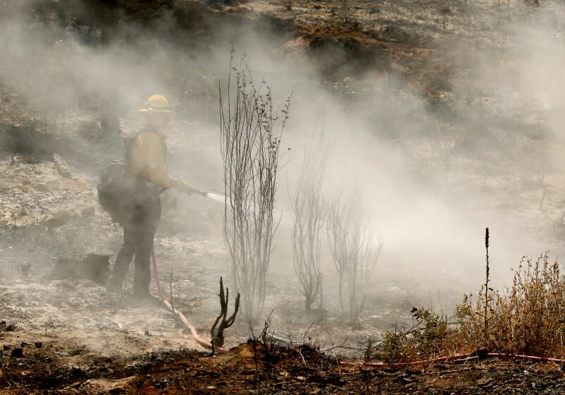 MARIPOSA, CALIF. - JULY 27, 2022. A firefighter puts out hotspots in the burn zone of the Oak fire near Mariposa on Wednesday, July 27, 2022. (Luis Sinco / Los Angeles Times)
