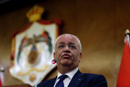 Palestinian chief negotiator Saeb Erekat speaks during a joint news conference with Foreign Ministers of Jordan Ayman Safadi, and Egypt Sameh Shoukry in Amman, Jordan May 14, 2017. REUTERS/Muhammad Hamed