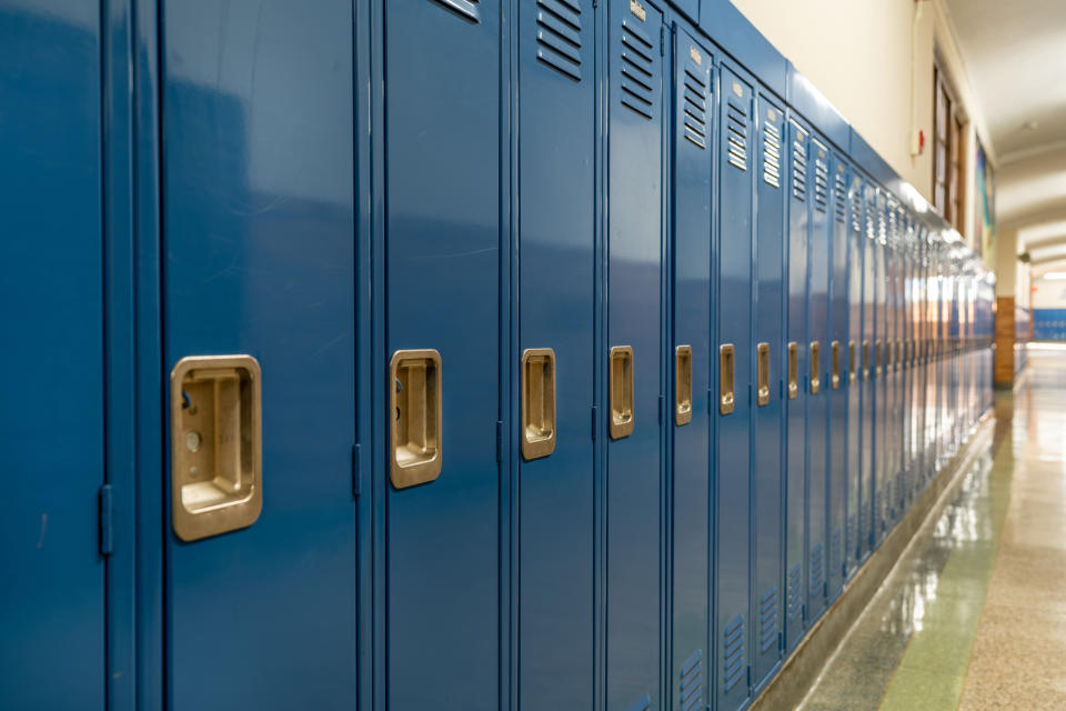 Lockers in a school hallway