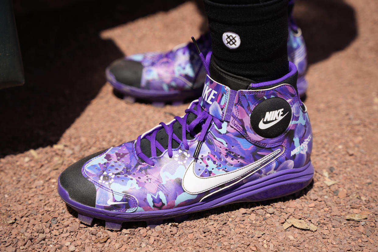 A detailed view of the Nike cleats worn by Jazz Chisholm #2 of the Miami Marlins prior to the Spring Training game against the New York Mets game at Roger Dean Stadium on March 21, 2022 in Jupiter, Florida. (Photo by Mark Brown/Getty Images)