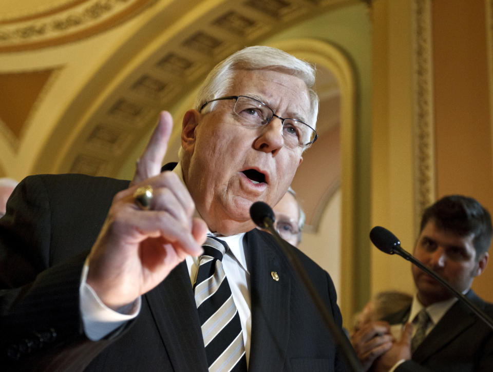 Sen. Mike Enzi, (R-Wyo.), ranking Republican on the Health, Education, Labor and Pensions Committee, talks to reporters on Capitol Hill in Washington, Tuesday,April 24, 2012. (AP Photo/J. Scott Applewhite)