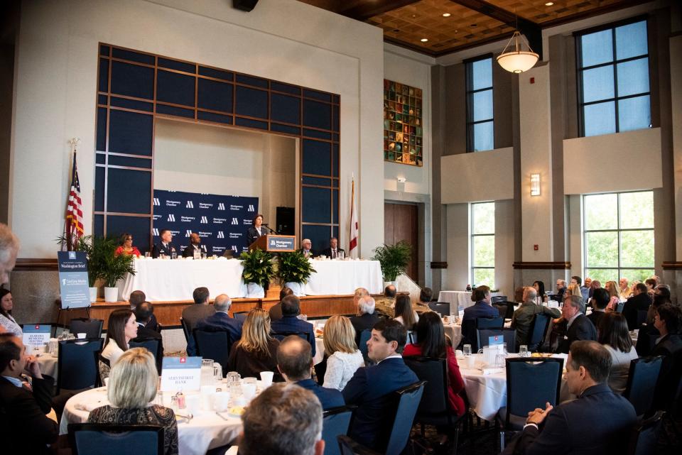 Lt. Gen. Andrea Tullos, commander and President of Air University, speaks Thursday during a Montgomery Chamber of Commerce breakfast at the RSA activity center in Montgomery.