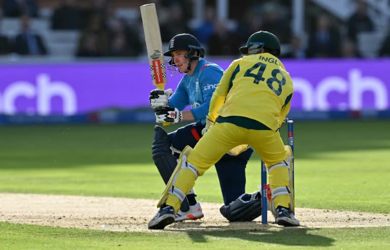 Sweeping up: England captain Harry Brook led from the front with 87 during a mammoth 186-run win over Australia in the fourth ODI at Lord's (Glyn KIRK)