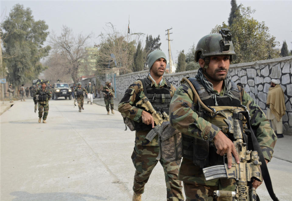 <p>Afghan security forces patrol the site of a deadly suicide attack in Jalalabad, east of Kabul, Afghanistan, Wednesday, Jan. 24, 2018. (Photo: AP) </p>