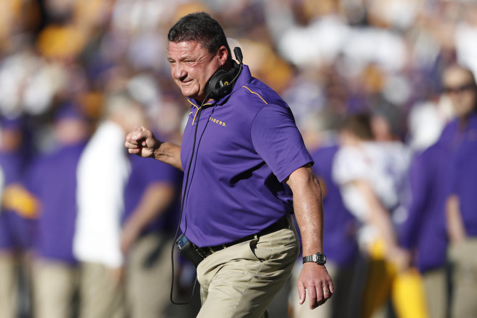 LSU head coach Ed Orgeron reacts after an LSU touchdown in the first half of an NCAA college football game against Alabama, Saturday, Nov. 9, 2019, in Tuscaloosa, Ala. (AP Photo/John Bazemore)