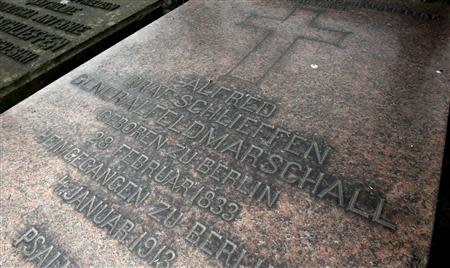 A general view of the grave of field marshal Alfred von Schlieffen, at Invaliden cemetery in Berlin March 17, 2014. A simple plaque marks the forsaken spot where the Red Baron was buried in central Berlin but hardly anyone stops to remember the flying ace shot down in 1918. REUTERS/Tobias Schwarz