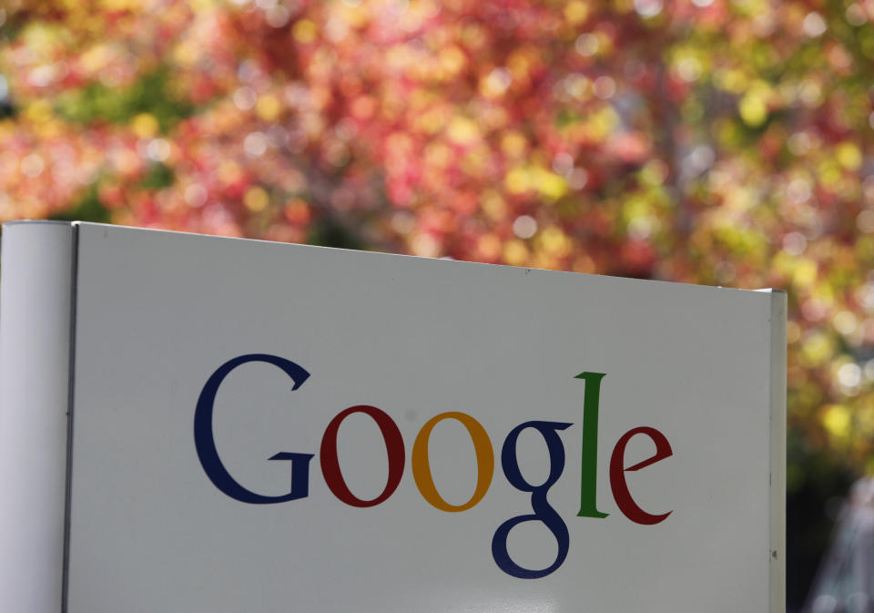 FILE - A sign at Google headquarters in Mountain View, Calif. is shown on Oct. 8, 2010. (AP Photo/Paul Sakuma, File)