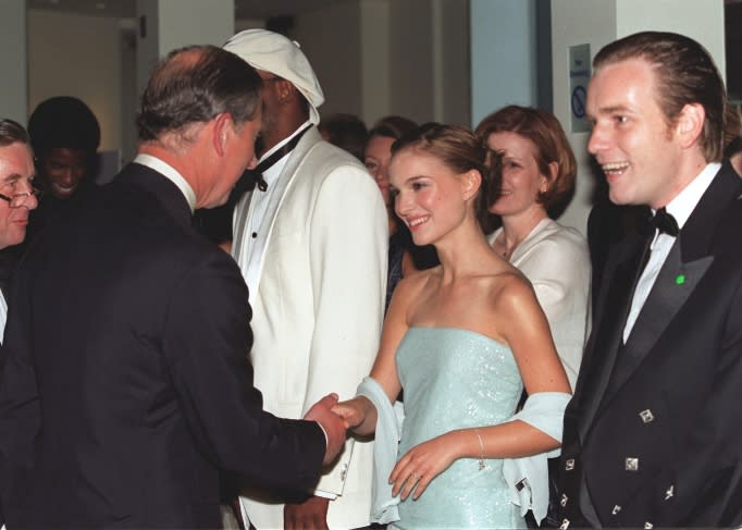 Prince Charles, Prince of Wales meets Natalie Portman and Ewan McGregor at the premiere of Star Wars, The Phantom Menace Episode 1 on July 14, 1999 in London, England 