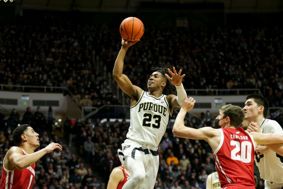 Purdue guard Jaden Ivey (23) goes up for a layup during the second half of an NCAA men's basketball game, Monday, Jan. 3, 2022 at Mackey Arena in West Lafayette.