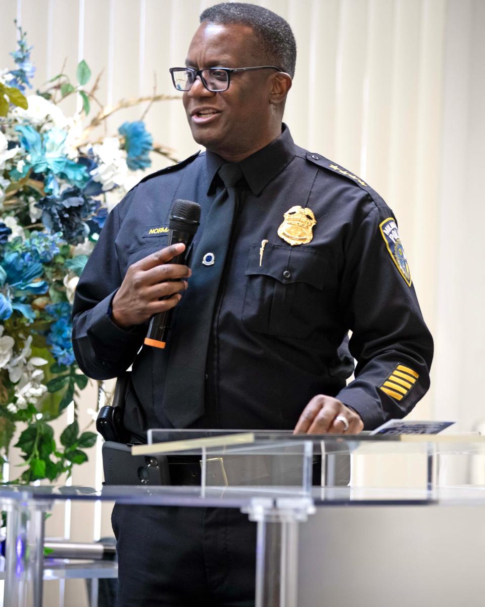 Milwaukee Police Chief Jeffrey B. Norman speaks at a candlelit vigil honoring and remembering victims of violence in Milwaukee at House of Prayer in Milwaukee on Saturday, Dec. 9, 2023.