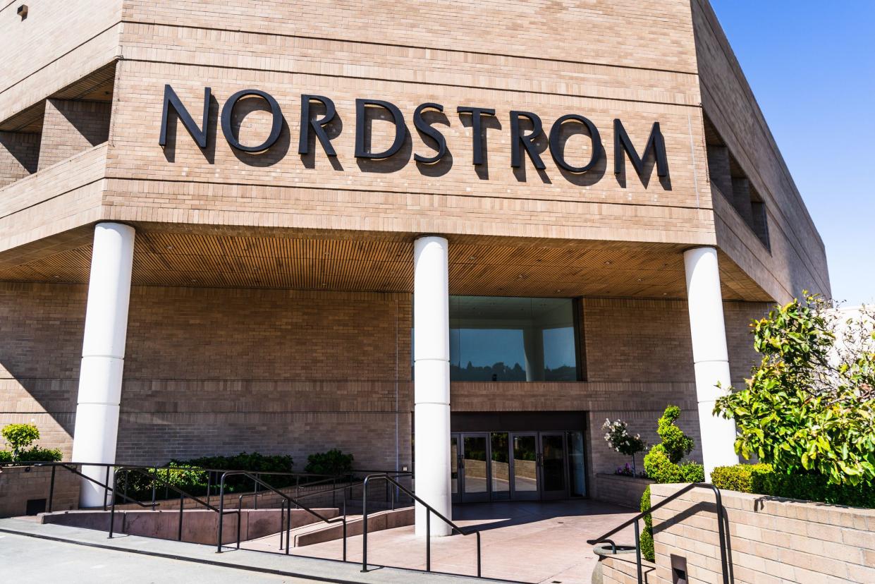 August 19, 2019 San Mateo / CA / USA - Nordstrom department store entrance at Hillsdale Shopping Center, San Francisco bay area